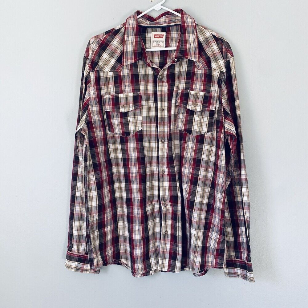 Levis Shirt 2XL Red Brown Plaid Pearl Snap Long Sleeve Hipster Western Cowboy